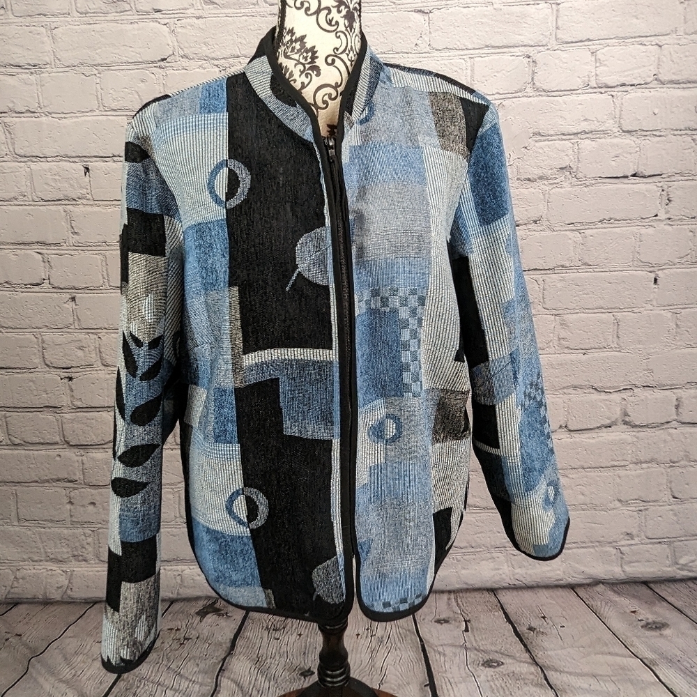 Dressbarn women's long sleeve zip front geometric woven jacket plus sz 1x bb08